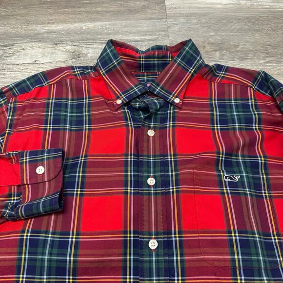 Vineyard Vines Red Blue Tartan Plaid Mens L Classic Fit Button Down Tucker Shirt - Picture 1 of 9